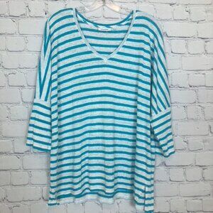 Chicos White Turquoise Stripe 100% Linen Knit Top Size 4 XXL